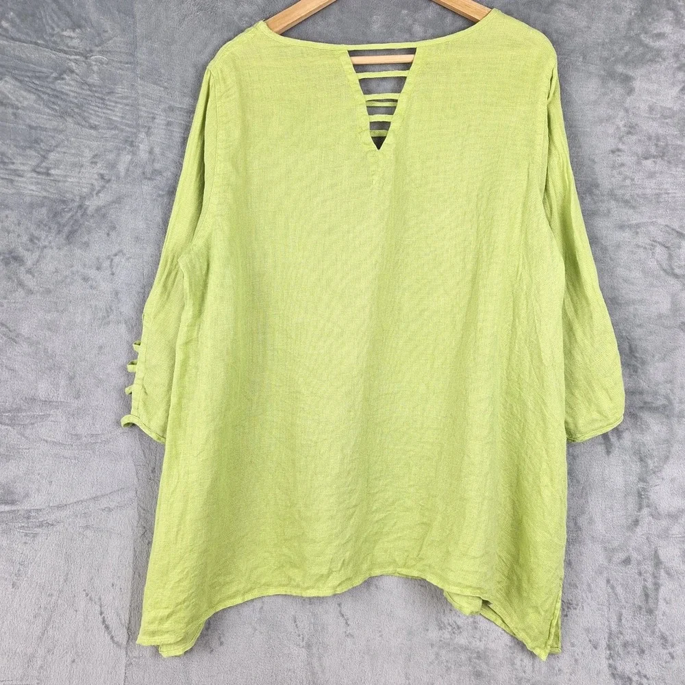 Ali Miles Top 1X Green Linen Lagenlook Artsy Boho Beach Coastal Resort Tunic